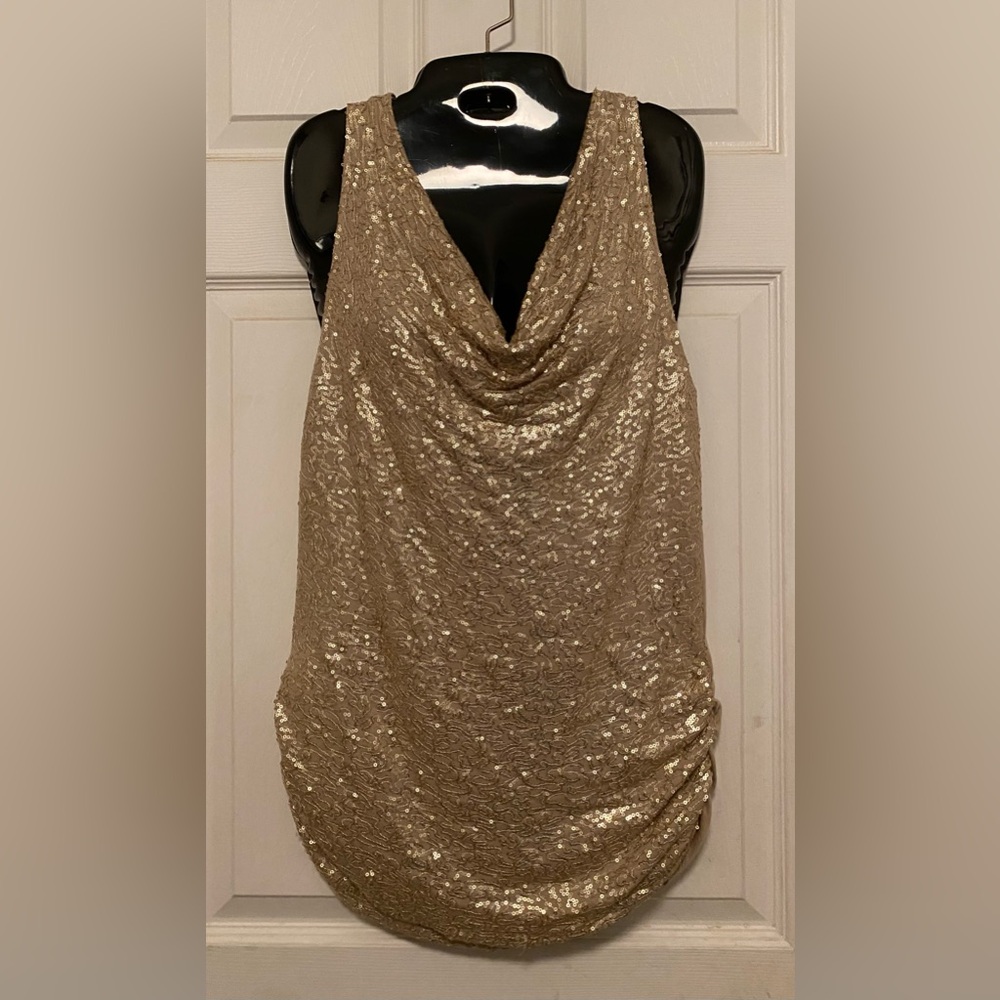 CACHE Sleeveless Sequin Draped Cowl Neck Top, Blouse, Shirt. Size Medium